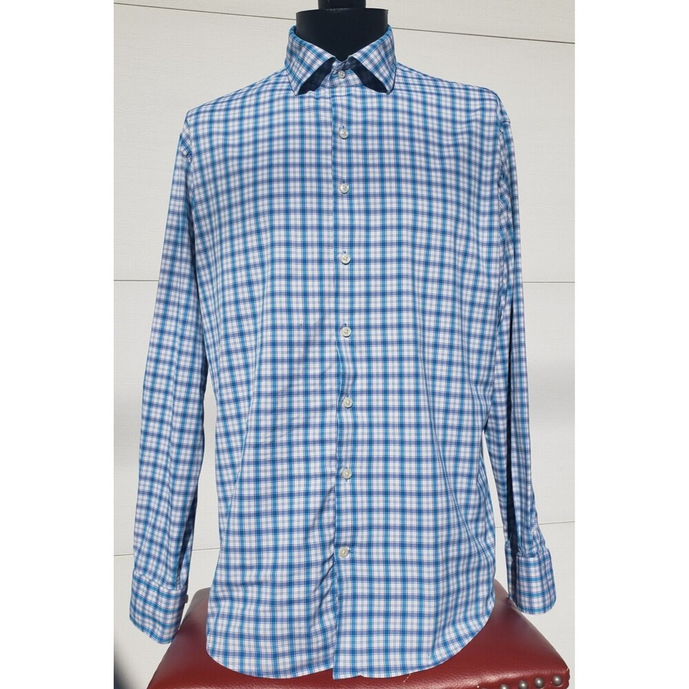 Peter Millar Shirt Mens Large Blue Checked Summer Comfort Nylon Preppy Golf